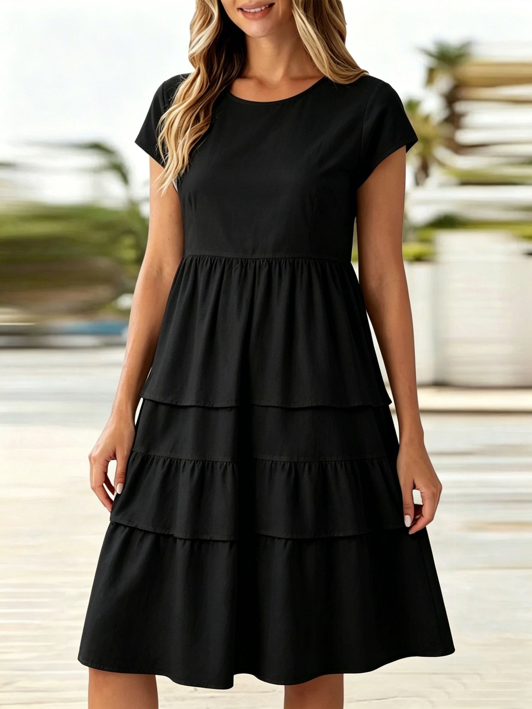 Regular Fit Cotton-Like Crease Casual Crew Neck Cap Sleeve Plain Ruffle Hem Dress With No