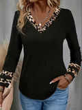 Women's Elegant Leopard V Neck Color Block Casual T-Shirt