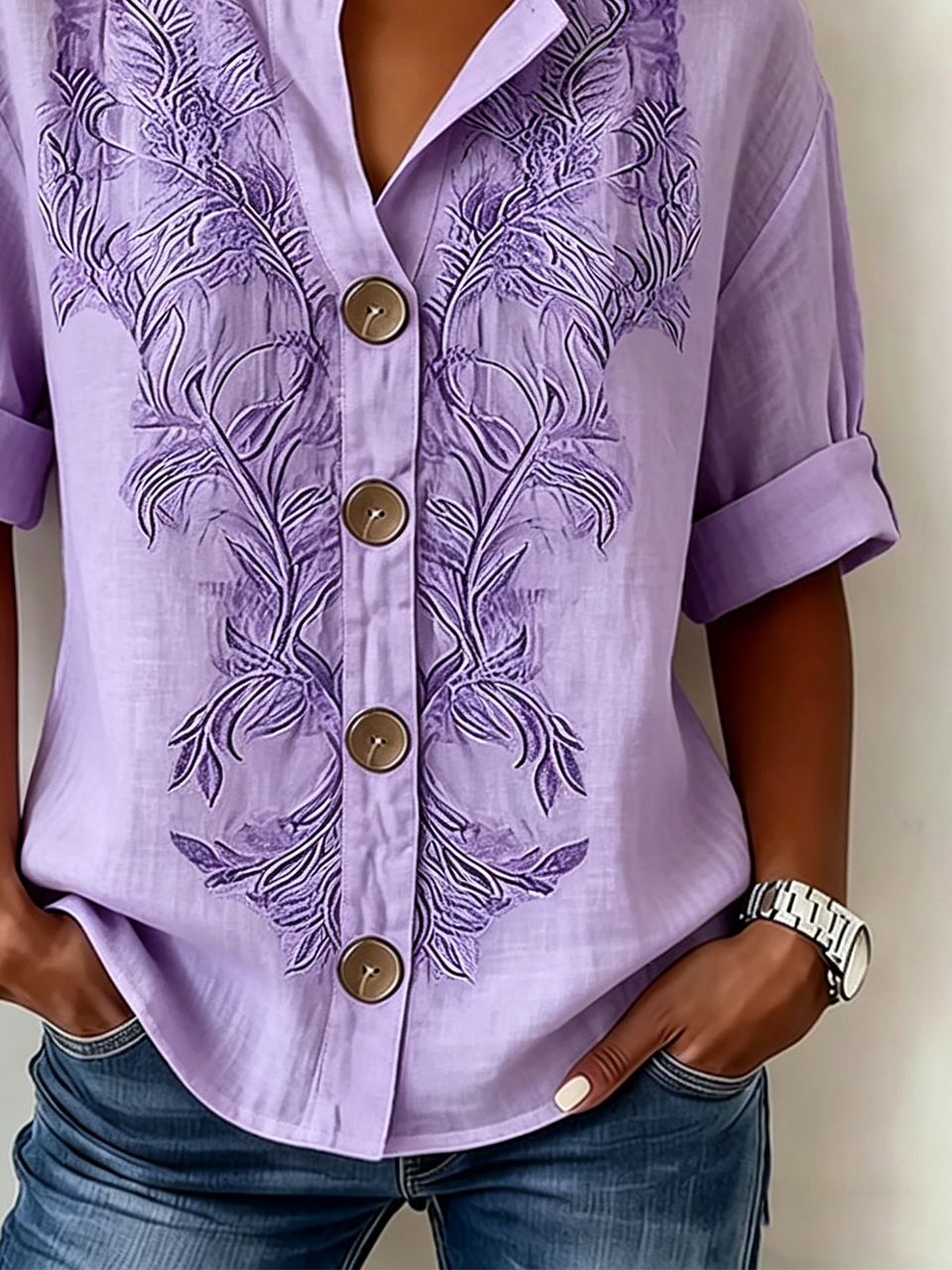 Women's Lavender Floral Print Blouse Short Sleeve Button Down Casual Top