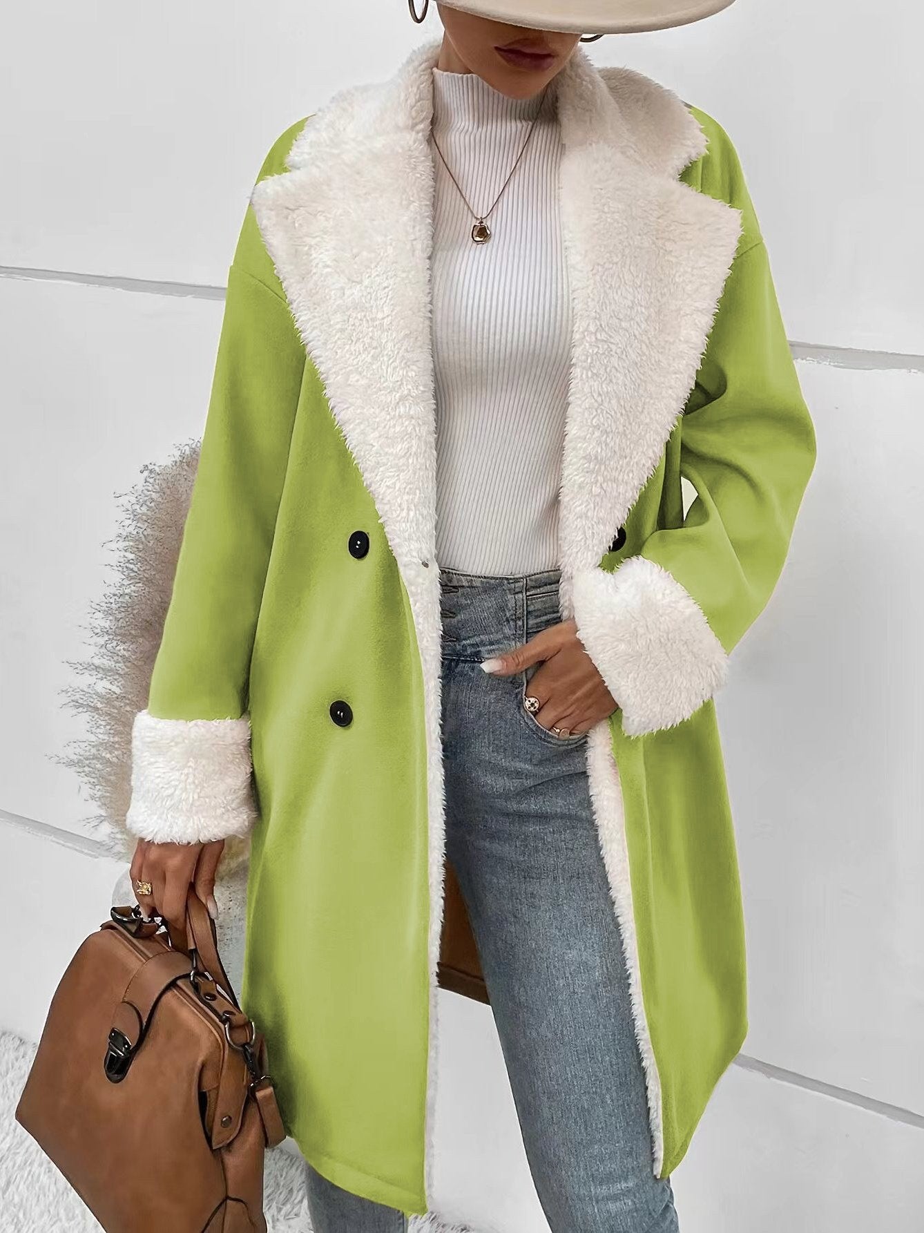 Fluff/Granular Fleece Fabric Street Split Joint Coat
