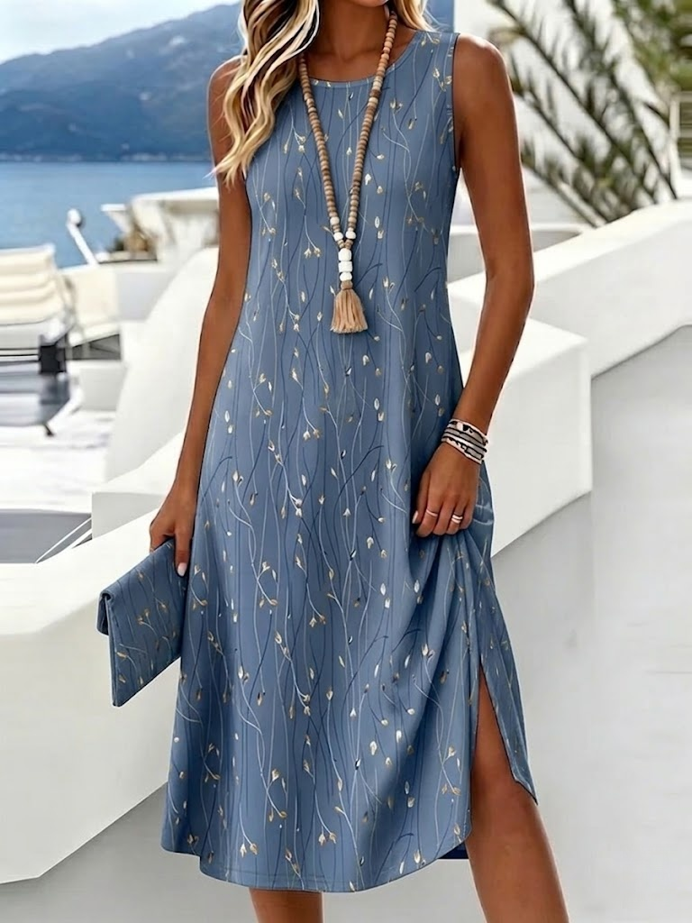 Women's Sleeveless Round Neck Midi Dress Blue Gray Floral Print Casual Summer Tank Dress with No Slit Hem