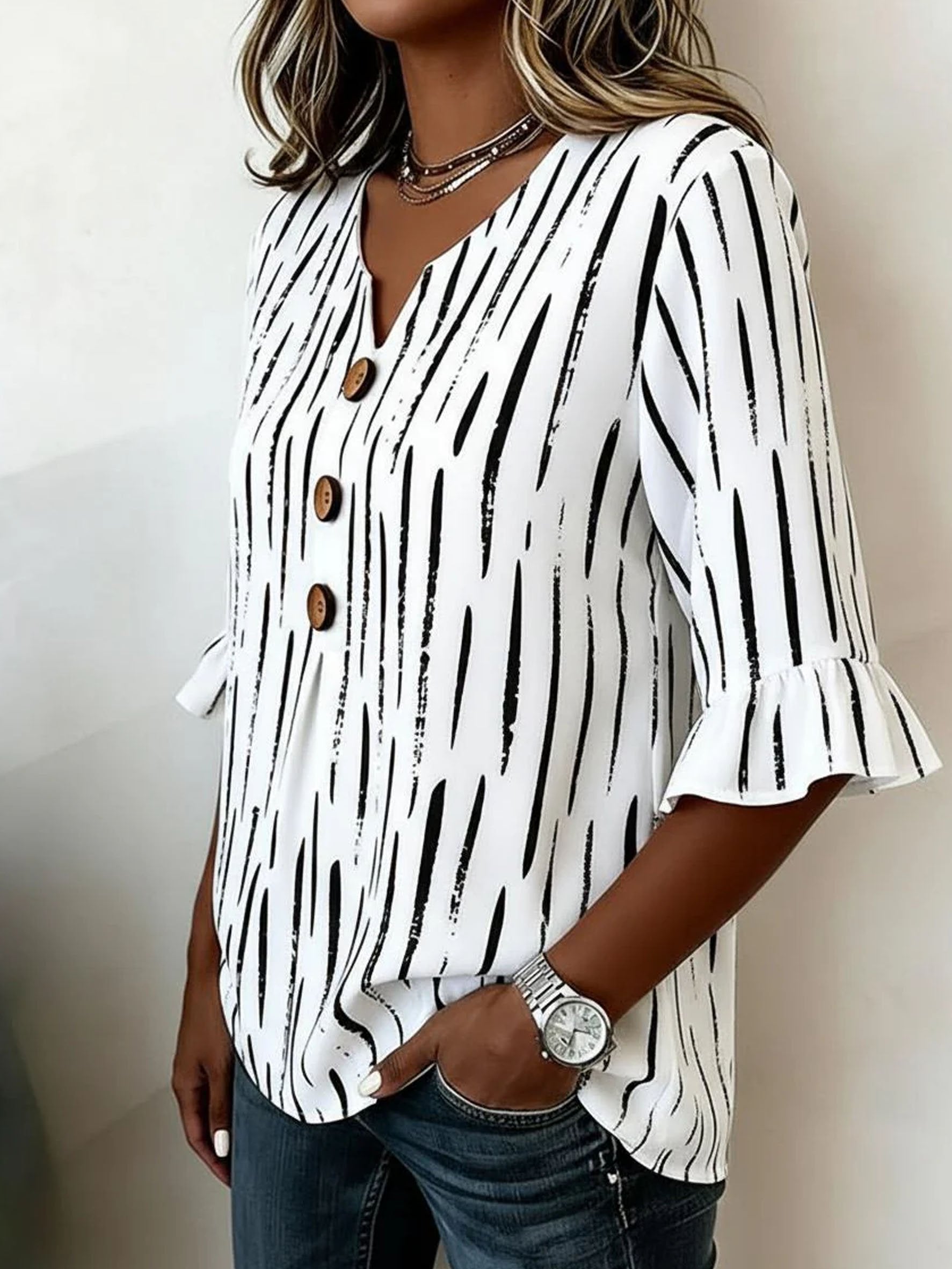 Women's Striped Pattern Half Ruffle Sleeve Blouse Summer V Neck Button Daily Going Out Vintage Top