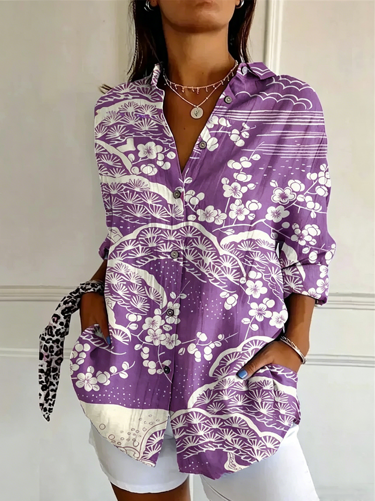 Botanical Pattern Shirt Collar Vintage Shirt