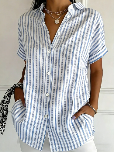 Casual Loose Shawl Collar Short Sleeve Striped Shirt