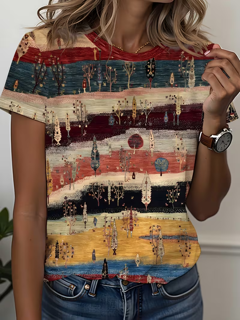 Women's Short Sleeve T-shirt Summer As Picture Ethnic Printing Jersey Crew Neck Daily Going Out Casual Top