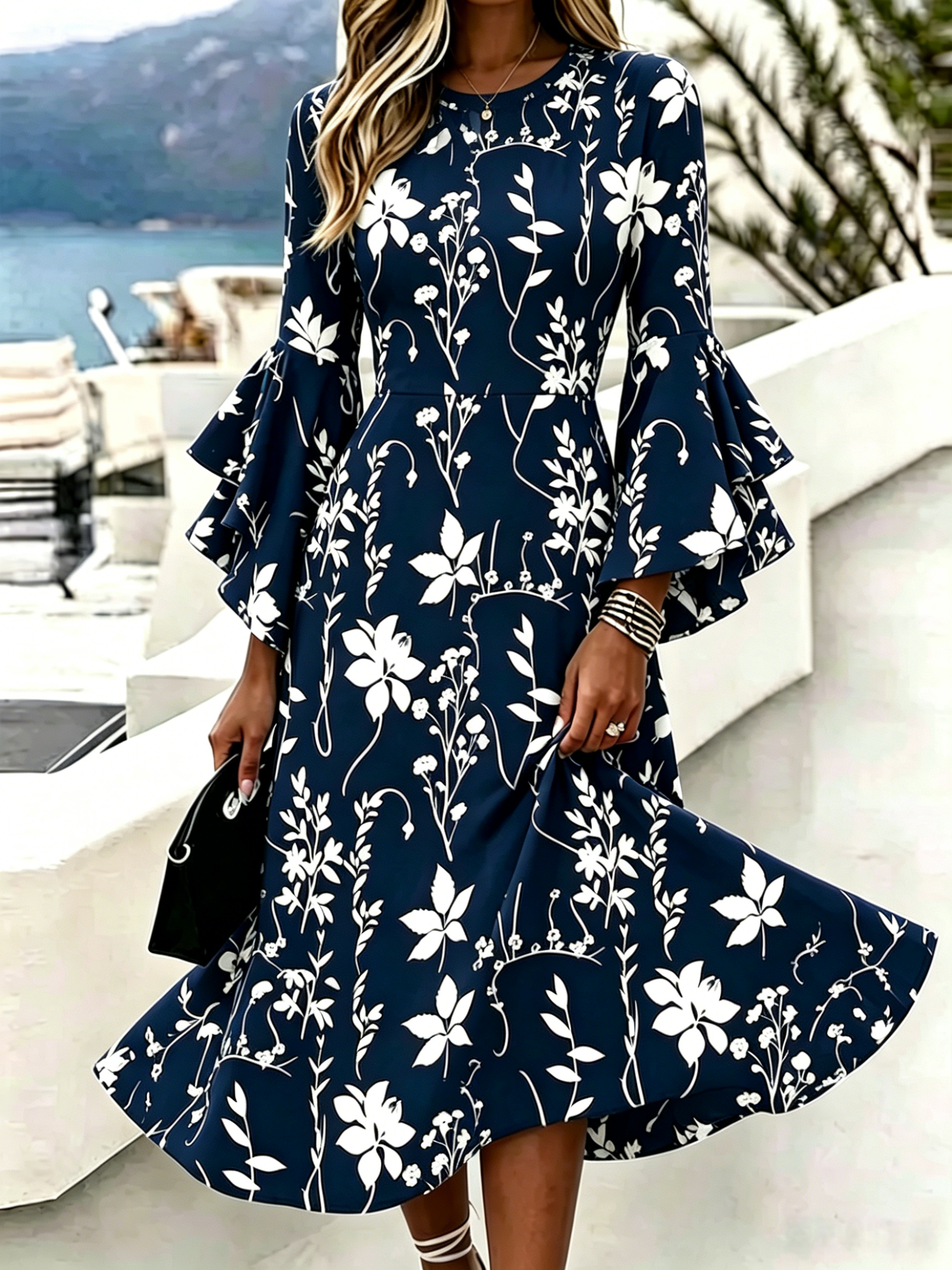 Regular Fit Bell Sleeve V Neck Floral Elegant Dress With No