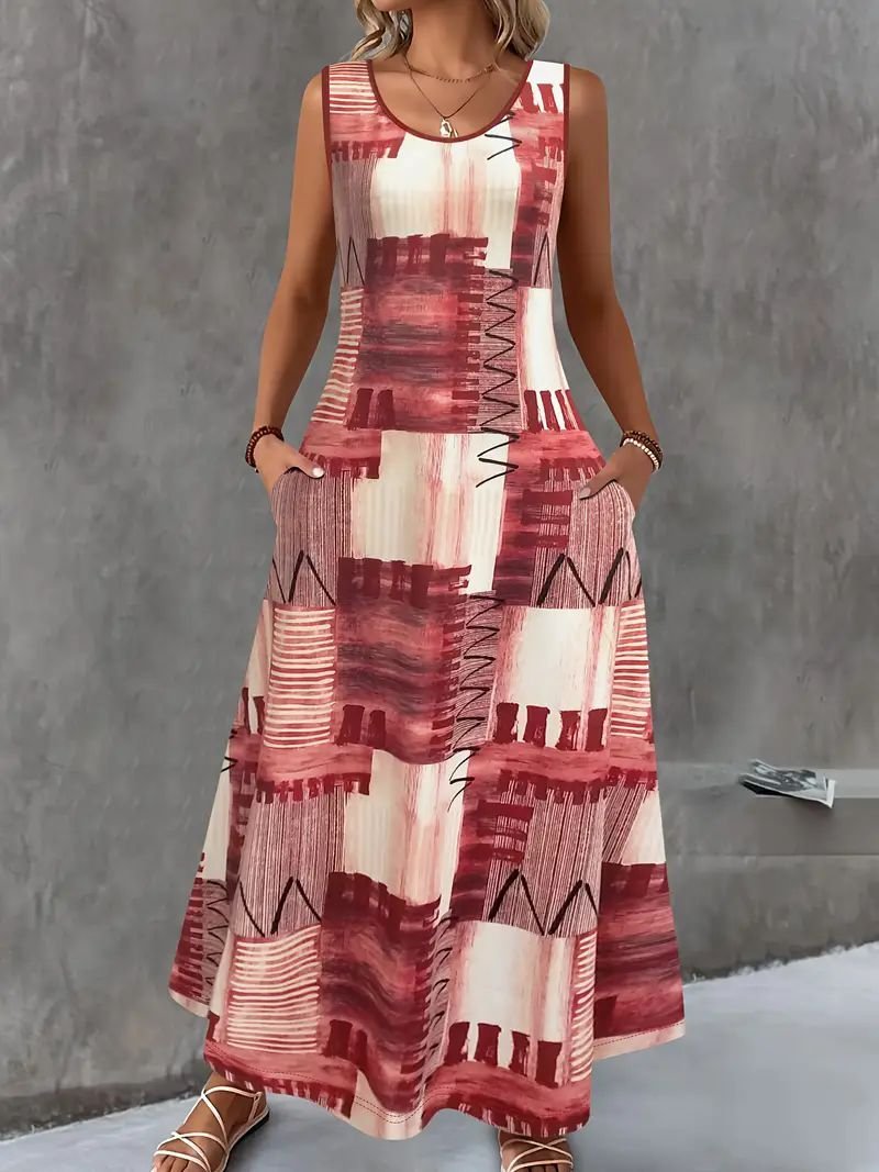 Elegant Geometric Crew Neck Loose Dress With No