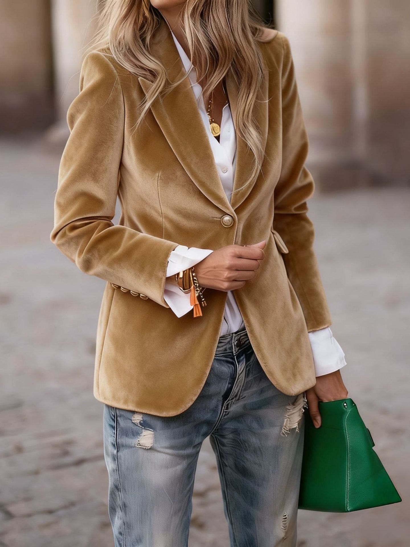 Pleuche Dressy Split Joint Lapel Collar Plain Blazer