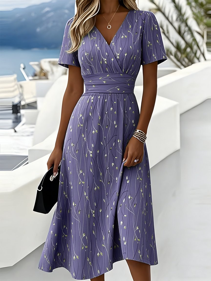 Women Leaf Summer Dress V Neck Short Sleeve Beach Dress A-Line Dress