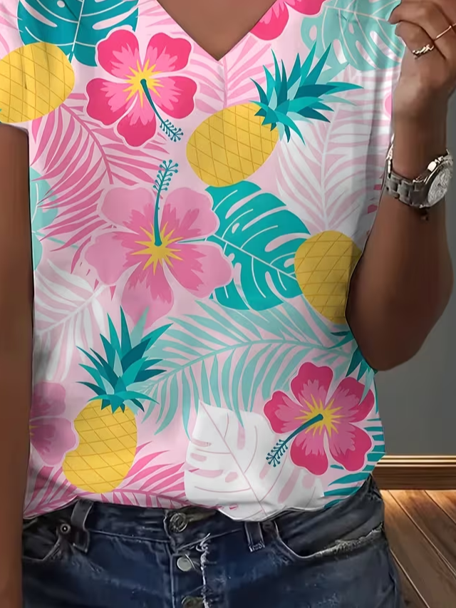 Women's Short Sleeve T-shirt Summer As Picture Floral Printing V Neck Holiday Going Out Vintage Top