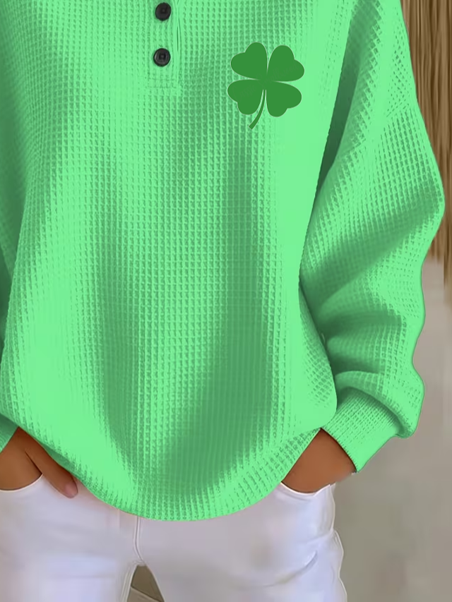 Women's St. Patrick's Day Shamrock Print Button-Up Casual Waffle Knit Sweatshirt