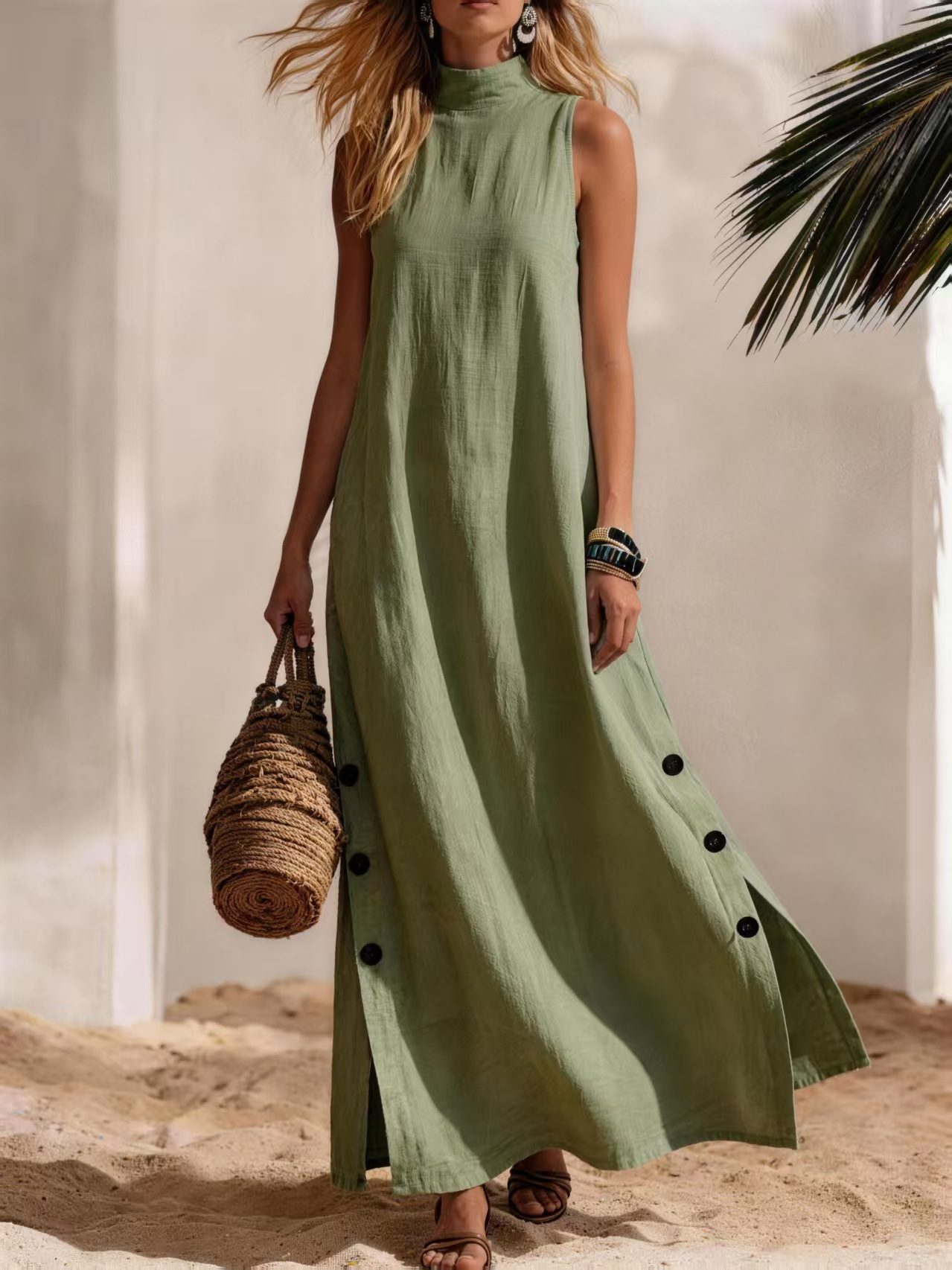 Casual Color Block Buttoned Mock Neck Maxi Dress