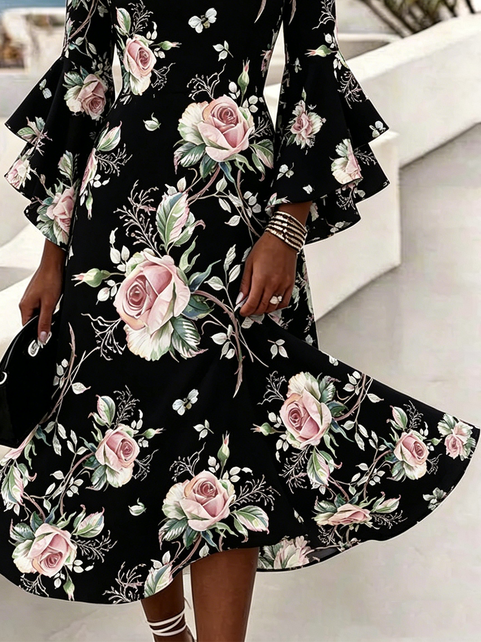 Bell Sleeve Regular Fit Elegant Dress With No