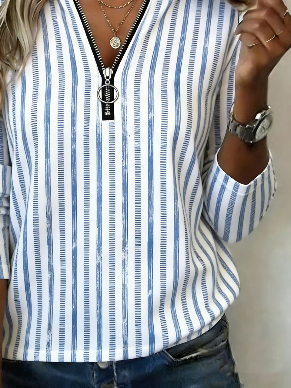 Vintage Striped Zipper T-Shirt