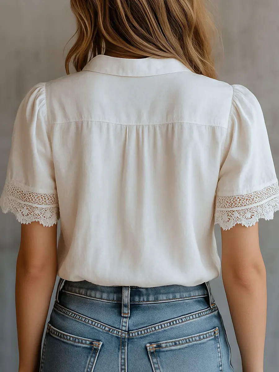 Cotton And Linen Shawl Collar Short Sleeve Lace Casual Plain Shirt