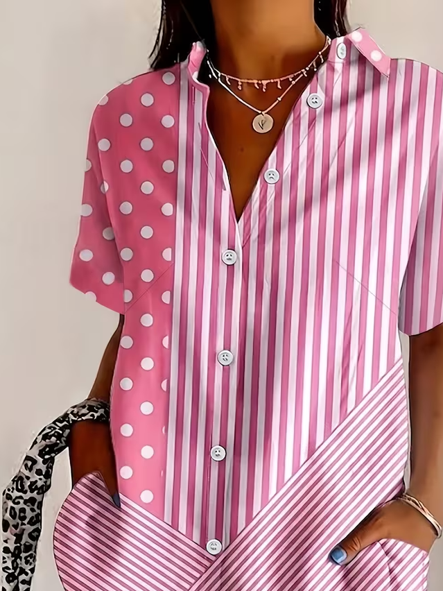 Women's Short Sleeve Shirt Summer Pink Striped Printing Shirt Collar Daily Going Out Casual Top