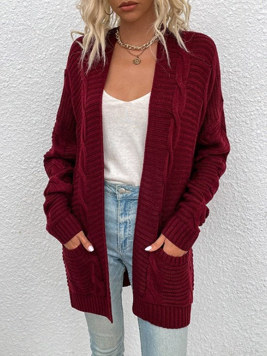 Vintage Split Joint Cable Knit Jacquard Cardigan Sweater Mid-Length Twisted Cord Cardigan