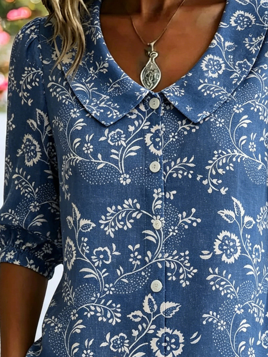 3D Printing Denim Blue Floral Printed Linen Blend Shawl Collar Button Loose Casual Shirt