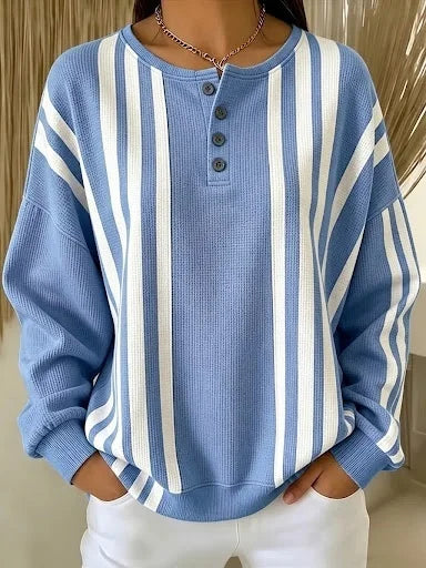 Stripe Waffle Knit Henley Neck Casual Sweatshirt