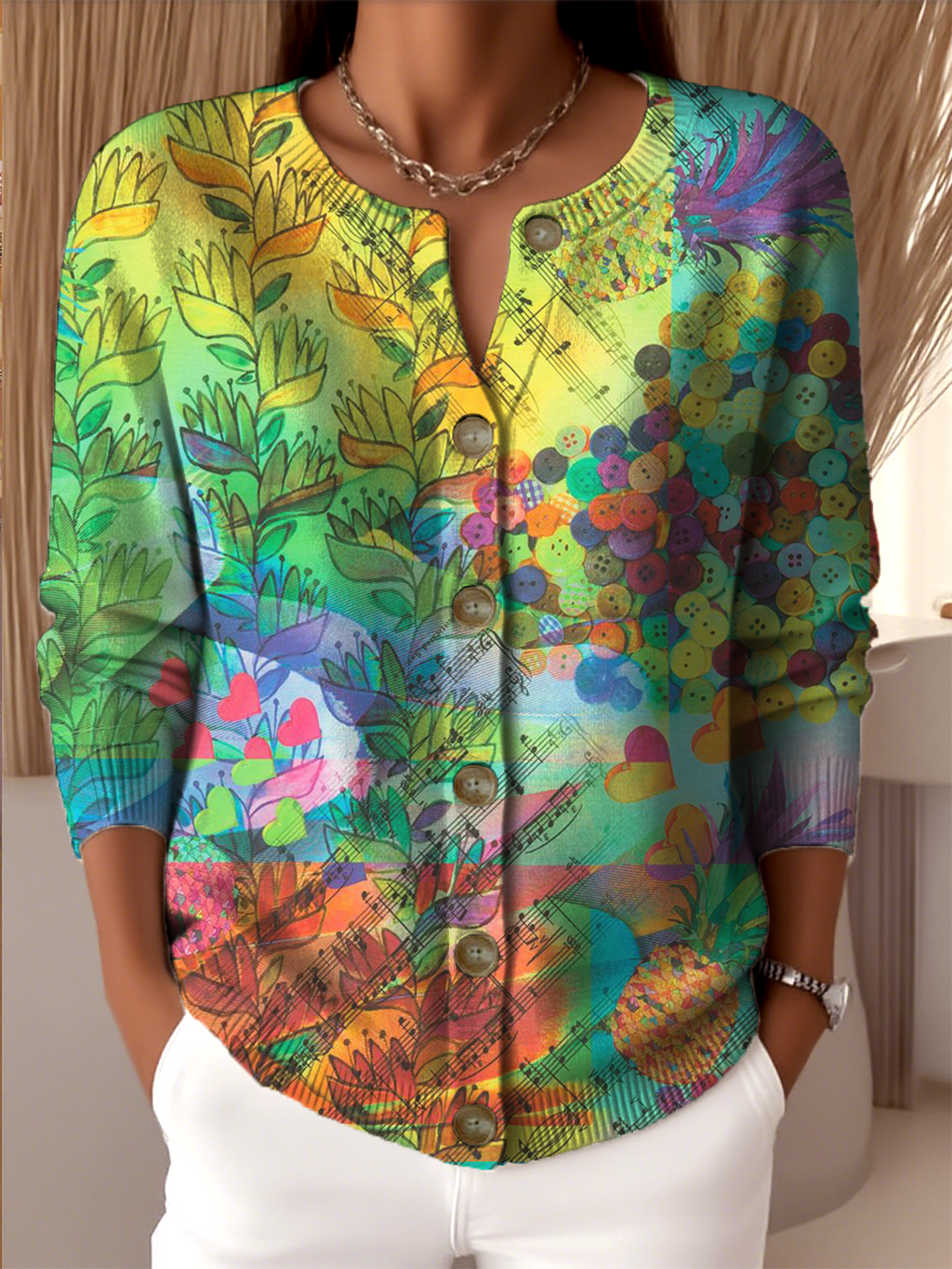 Crew Neck Gradient Pattern Vintage Cardigan