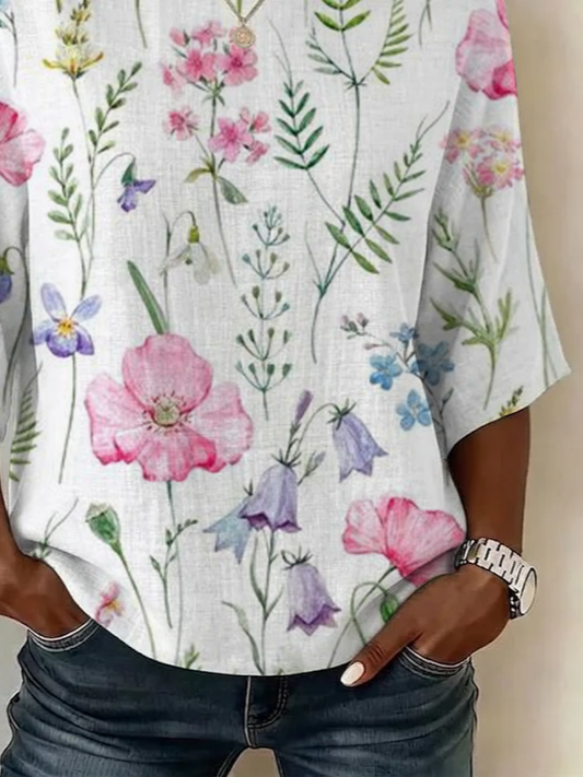 Women's Half Sleeve Blouse Summer White Floral Printing Crew Neck Daily Going Out Vintage Top