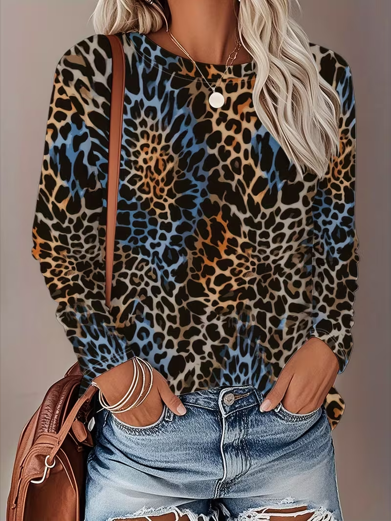 Women's Long Sleeve T-shirt Spring/Fall Brown Leopard Printing Jersey Crew Neck Daily Going Out Casual Top