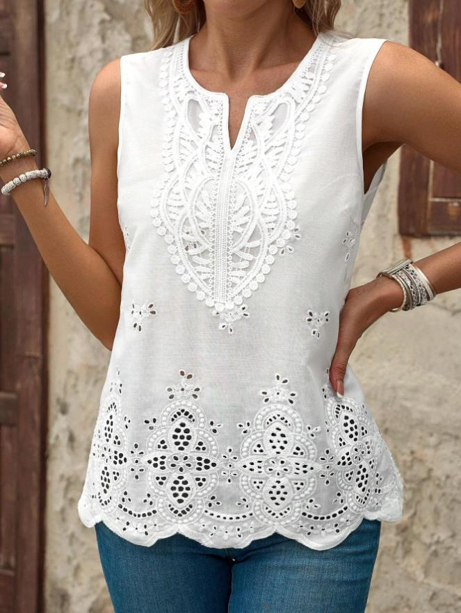 Women Embroidered Patchwork Lace Trim V-neck sleeveless Summer Going Out Casual Top