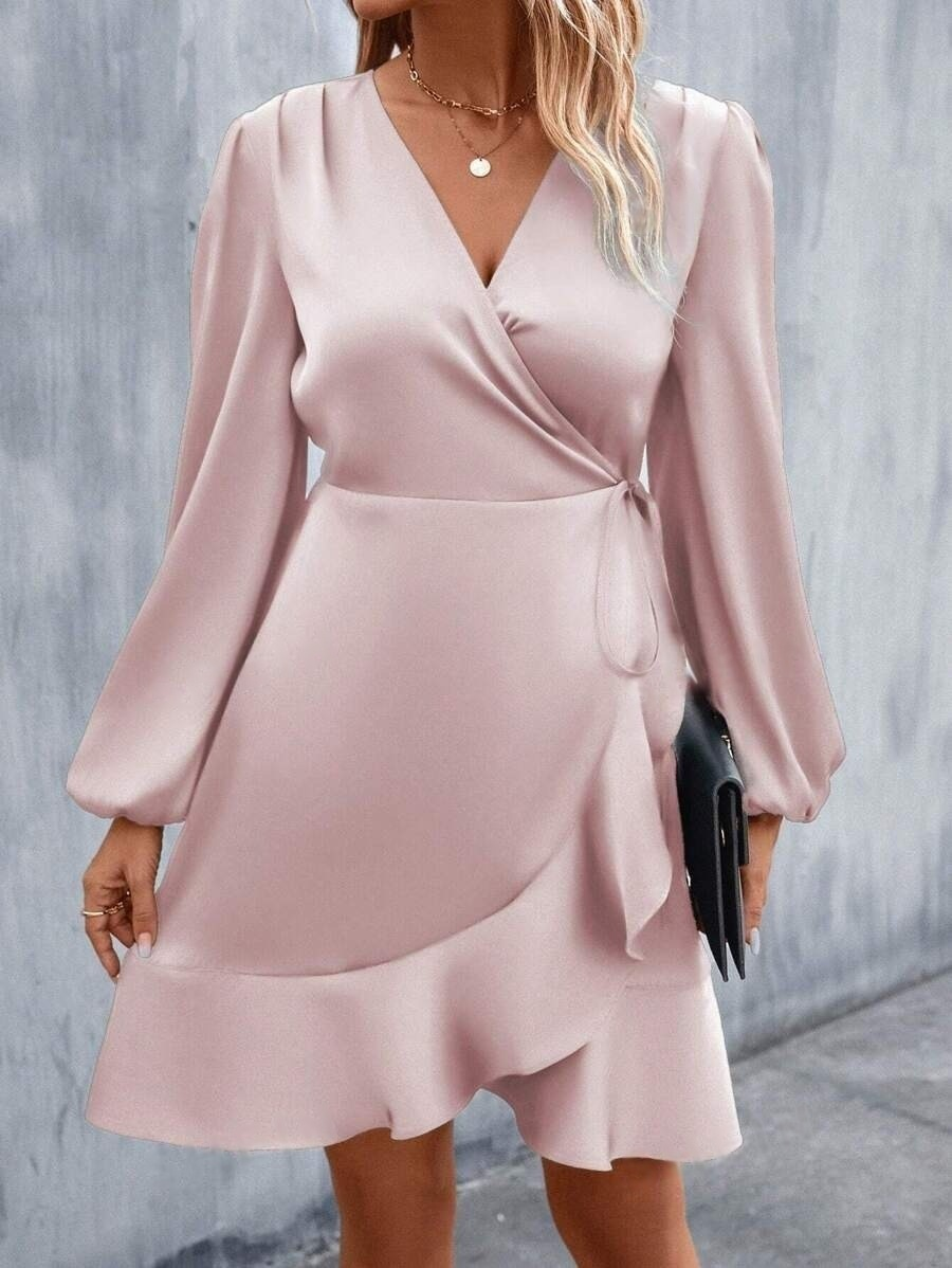Stain Plain V Neck Long Sleeve Elegant Going Out Midi Dress