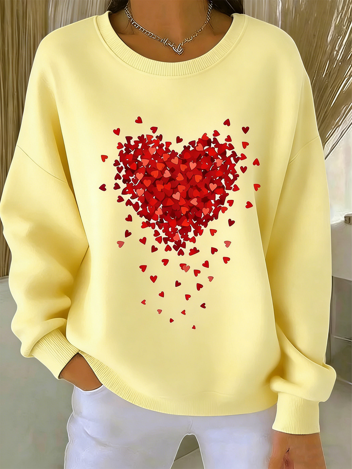 Valentine's Day Crew Neck Simple Cotton-Blend Sweatshirt