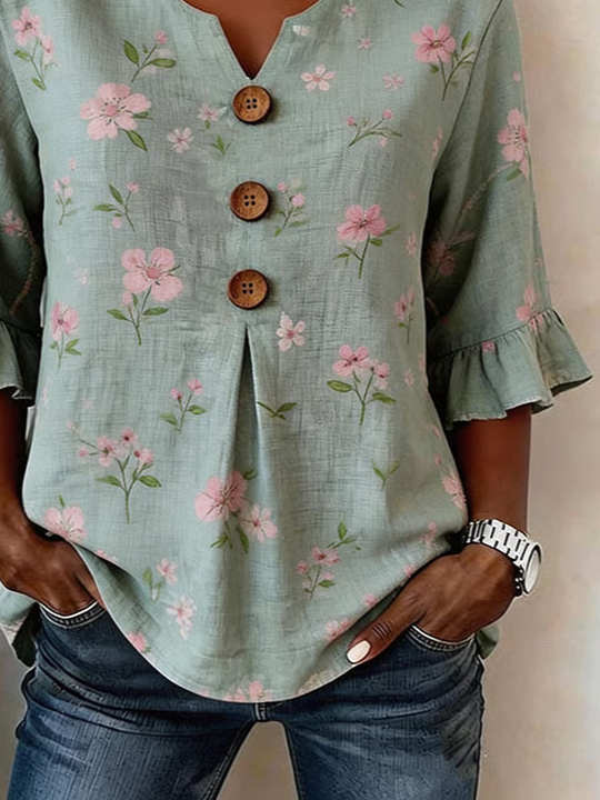 Women's Half Sleeve Blouse Summer Green Floral Printing V Neck Daily Going Out Vintage Top