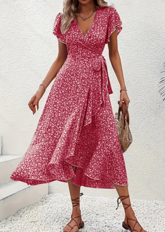 V Neck Ditsy Floral Regular Fit Elegant Dress With No