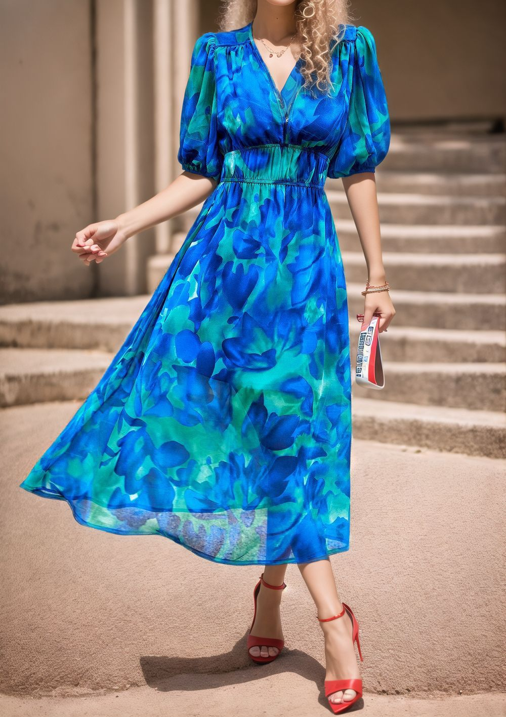 Puff Sleeve V Neck Floral Elegant Dress With No