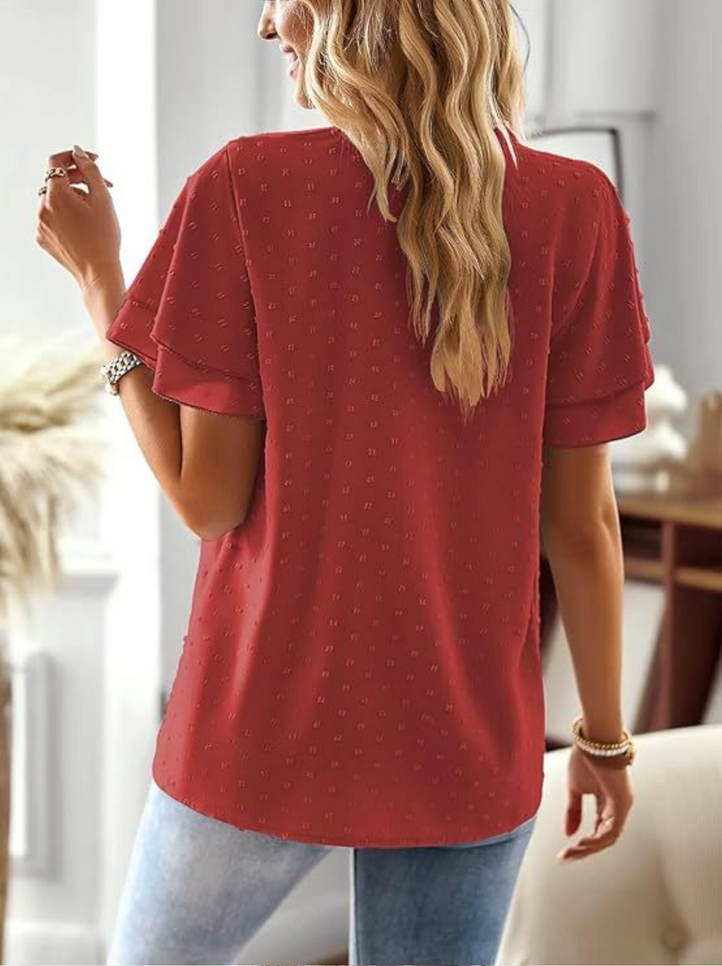 Loose V Neck Ruffle Short Sleeve Lace Elegant Blouse