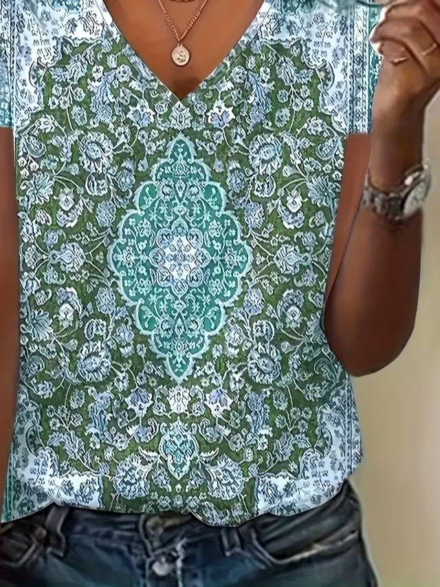 Women's Short Sleeve T-shirt Summer Green Ethnic Printing V Neck Holiday Going Out Vintage Top