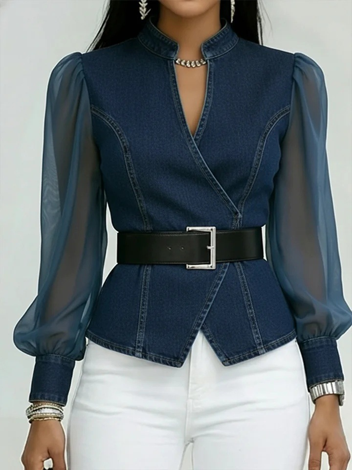Women's Fashionably Elegant Slim-fitting Denim Look Jacket With Organza Sleeves Casual Blouse