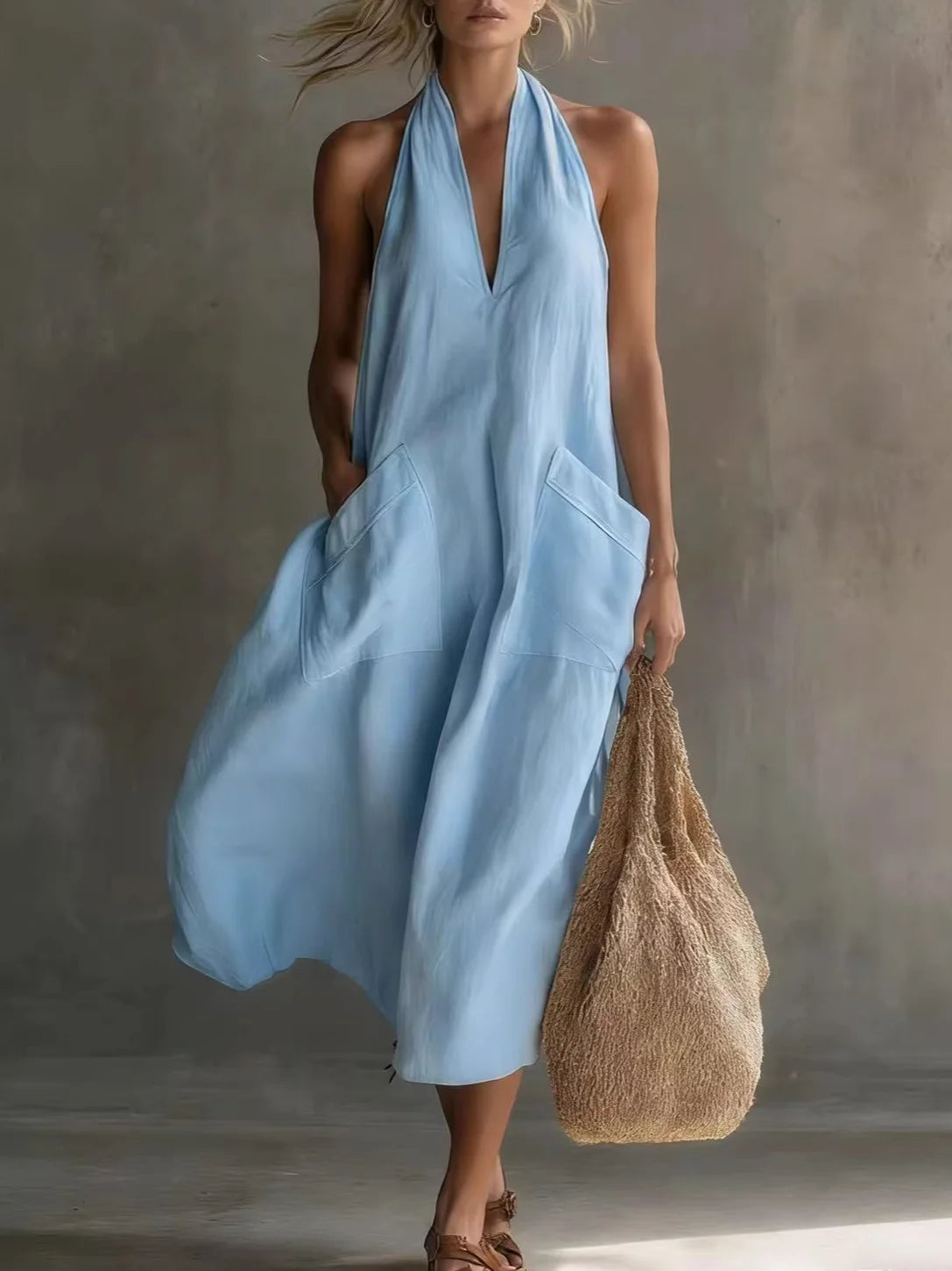 Casual Plain V Neck Midi Dress
