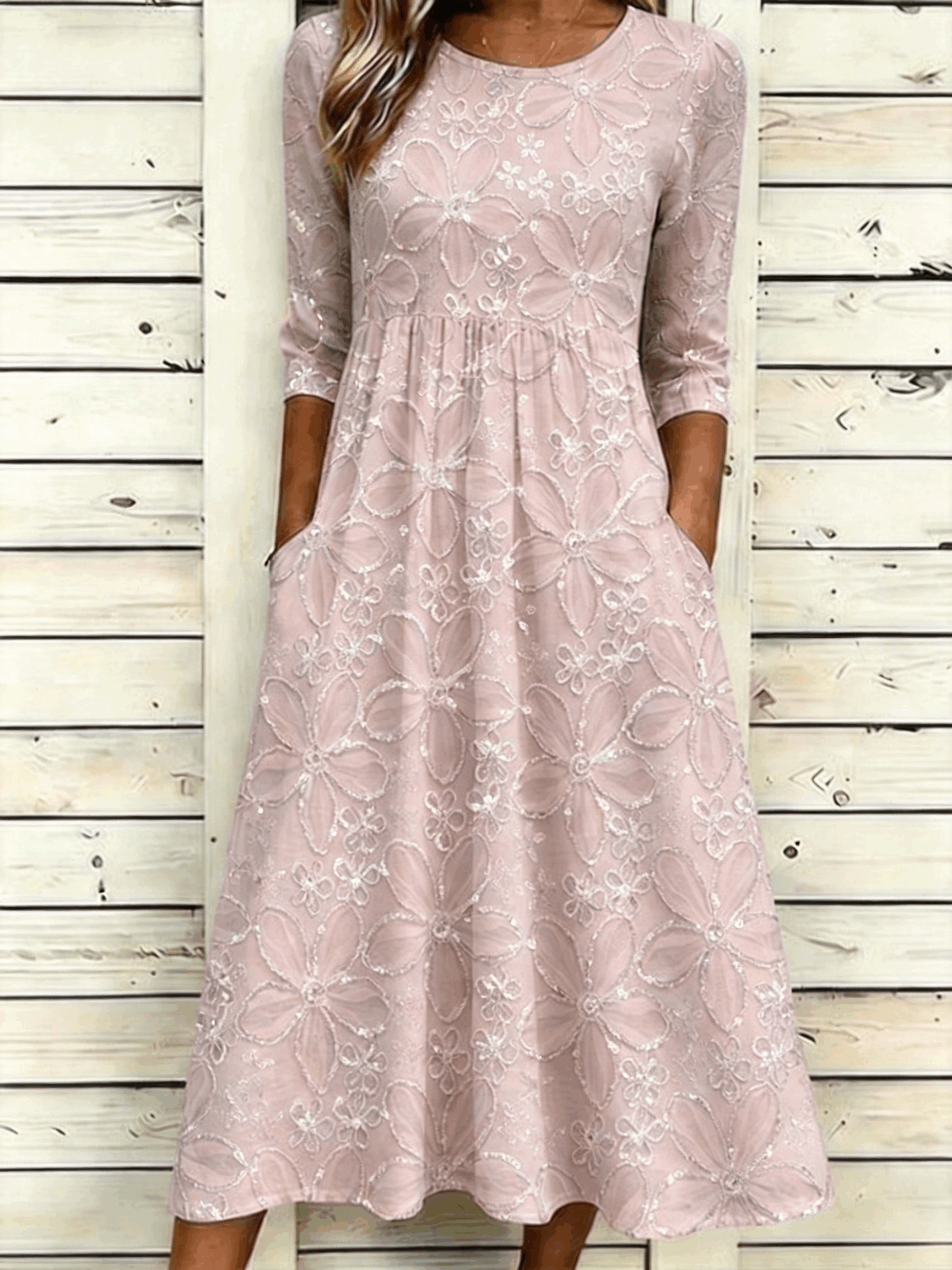 Daisy Floral Sequin Print Casual A-Line Midi Dress