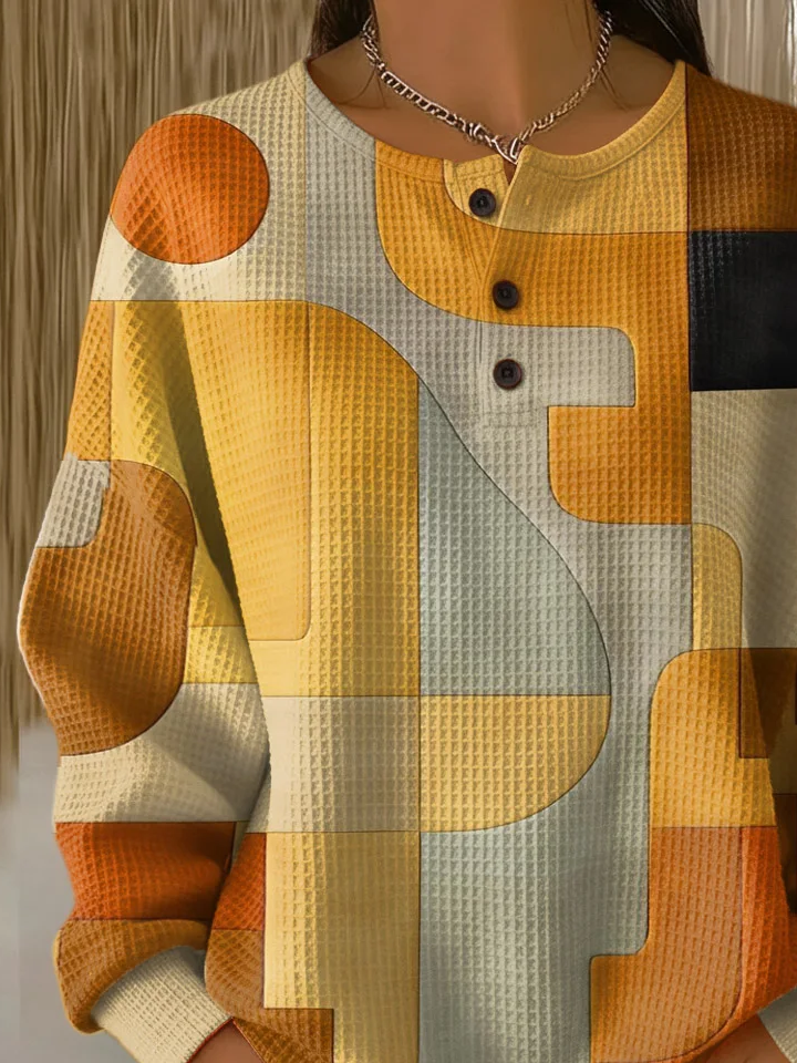 Women's Abstract Print Button-Up Casual Waffle Knit Sweatshirt