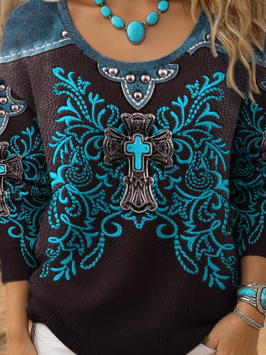 V Neck Loose Casual Wild West Knit Top