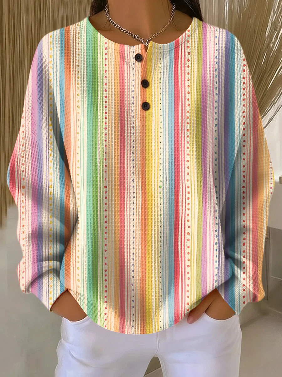 Women's Abstract Print Button-Up Casual Waffle Knit Sweatshirt