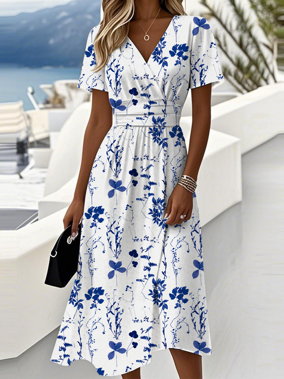 Women’s Blue Leaf Print Wrap V Neck Midi Dress Boho Summer Dress