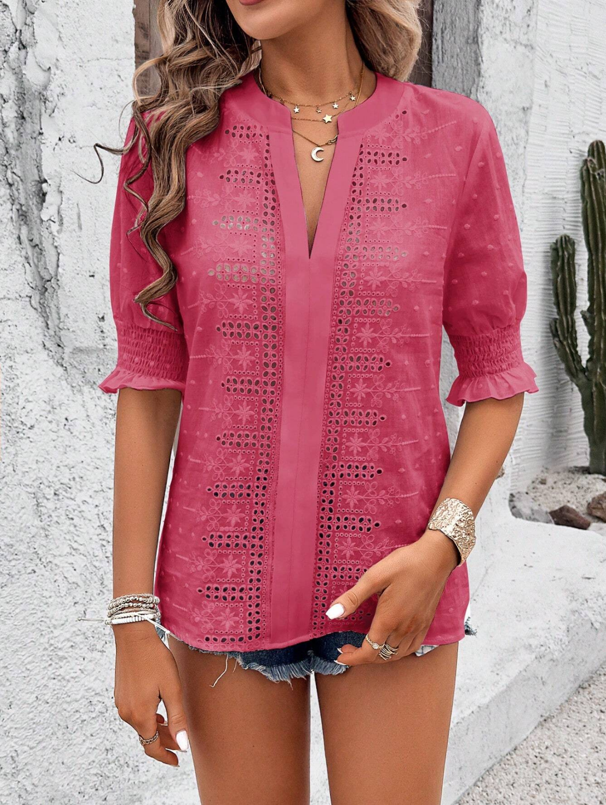 Embroidery Patterns V Neck Puff Short Sleeve Casual Blouse