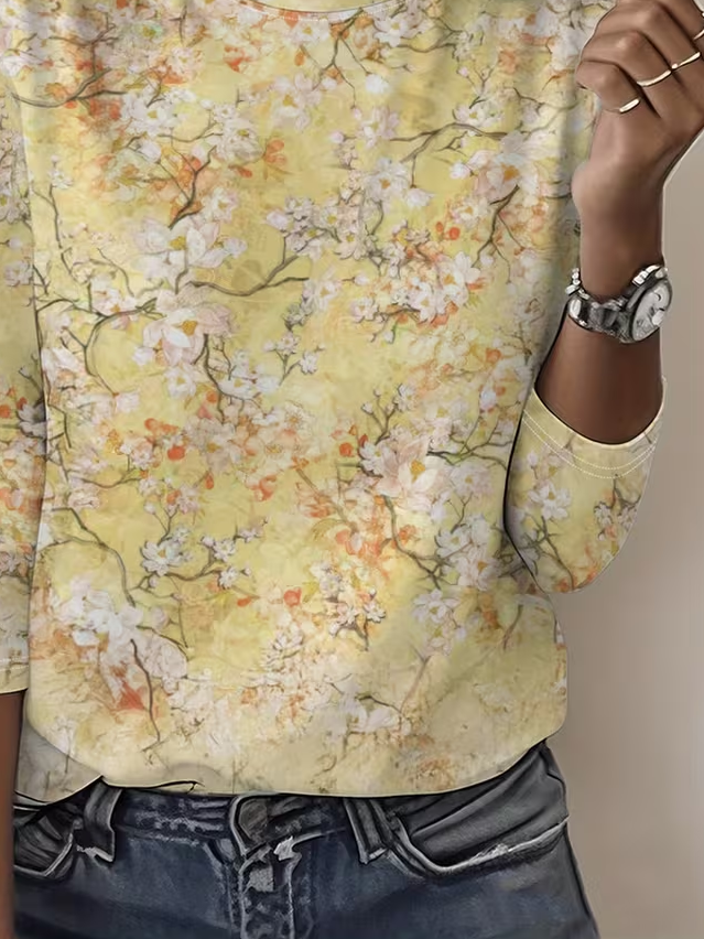 Women's Long Sleeve T-shirt Spring/Fall Yellow Floral Printing Jersey Crew Neck Daily Going Out Casual Top