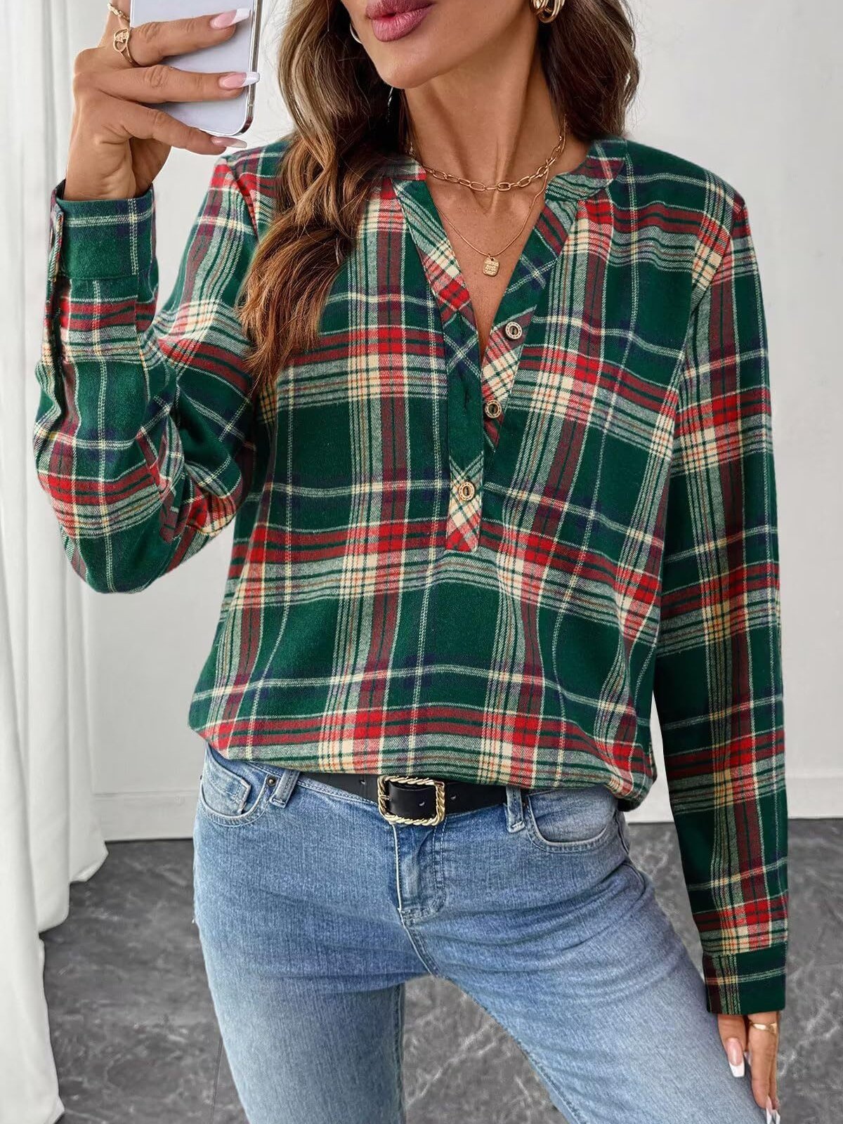 Women's Long Sleeve Shirt Spring/Fall Blue Plaid Split Joint V Neck Daily Going Out Casual Top
