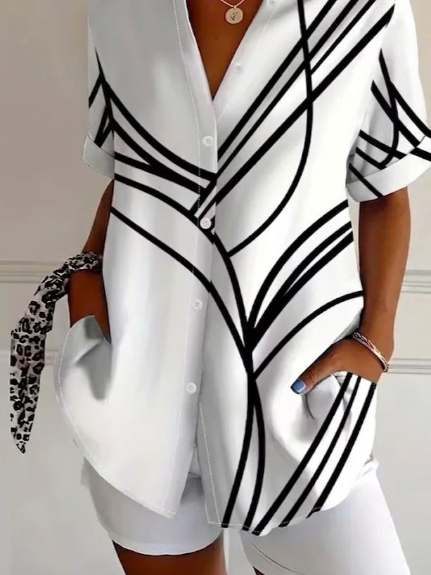 Women's Short Sleeve Shirt Summer White Abstract Printing Shirt Collar Daily Going Out Casual Top