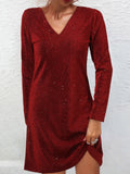 Women's Long Sleeve Spring/Fall Red Plain Split Joint V Neck Daily Going Out Casual Midi A-Line Fit & Flare Dress Dress