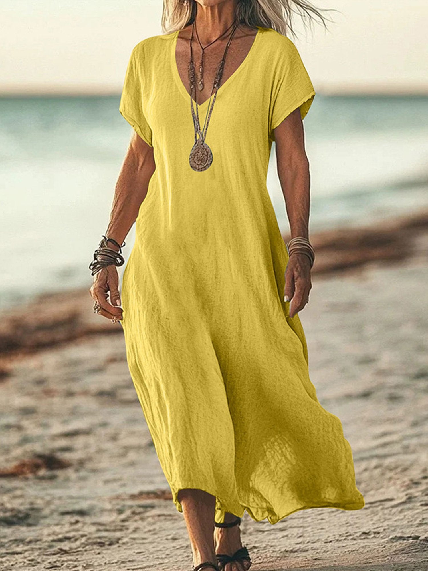 Casual Plain V Neck Midi Dress