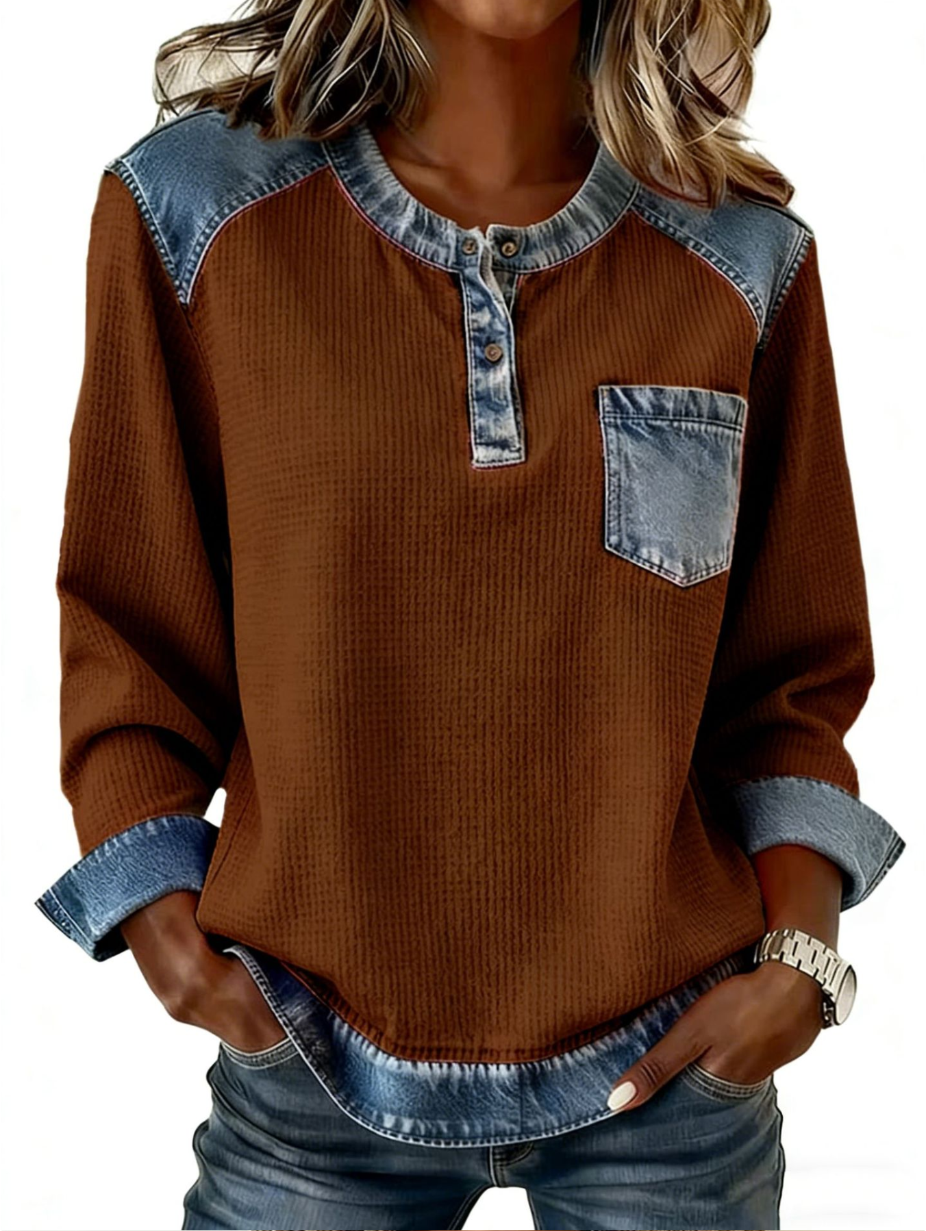 Denim Color Block Crew Neck Half Placket Long Sleeve Patch Pocket Casual Blouse