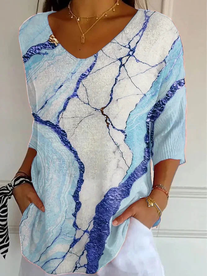 Women's Three Quarter Sleeve T-shirt Spring/Fall Pink Abstract Printing V Neck Daily Going Out Casual Top