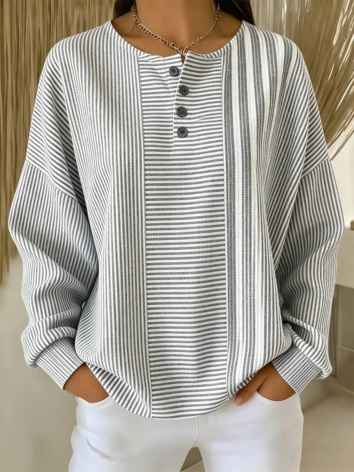 Blue & White Asymmetrical Stripe Panel Print Long Sleeve Henley Neck Casual Sweatshirt
